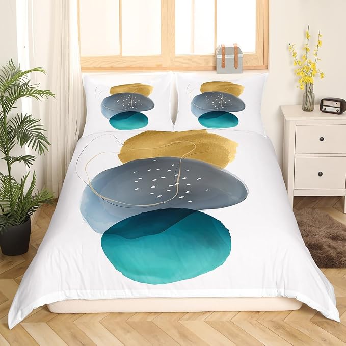 Erosebridal Geometric Duvet Cover Full Vintage Minimalism Bedding Set, Mid Century Comforter Cover Abstract Polka Dots Bed Set, Aesthetic Lines Bedding Beige Dark Green White Grey 3-Piece
