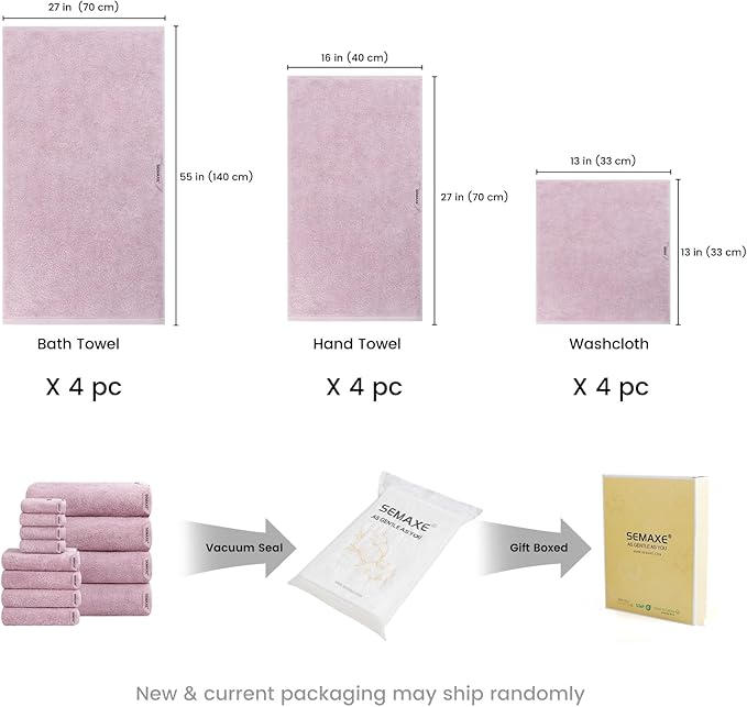 SEMAXE 12-Piece Family Bathroom Towel Set - 100% Cotton, 4 Bath Towels, 4 Hand Towels, 4 Washcloths, Ultra-Soft and Super Absorbent, Lighter Weight