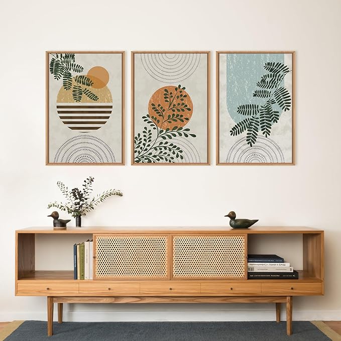 FWIEXA Framed Boho Canvas Wall Art Set, Sage Green Botanical Pictures Wall Decor, Abstract Plants Art Prints, Mid Century Modern Geometric Wall Painting, 3 Panel 16x24 Inches for Living Room, Bedroom, Office