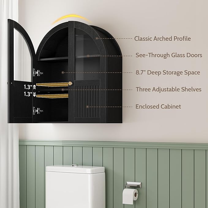 Arched Bathroom Wall Cabinet, 24 x 28 Inch Over The Toilet Storage Cabinet with Glass Door, Fluted, Adjustable Shelf, Wall Mounted Floating Wooden Medicine Cabinets for Bathroom Laundry Room, Black