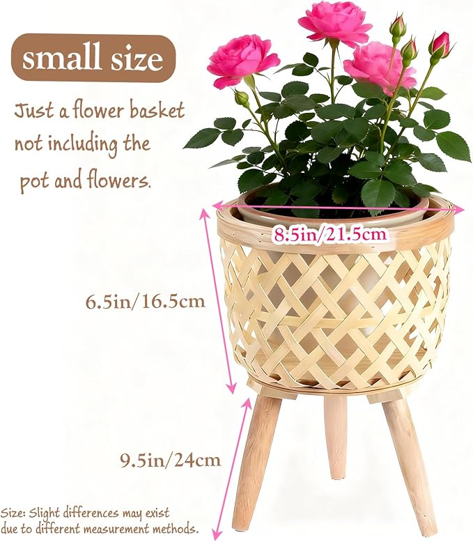 Boho Rattan Plant Stand – Handwoven Elevated Wicker Plant Baskets for Indoor Plants, Mid-Century Modern Wooden Planter Holder with Tripod Legs, Farmhouse Home Decor（small）