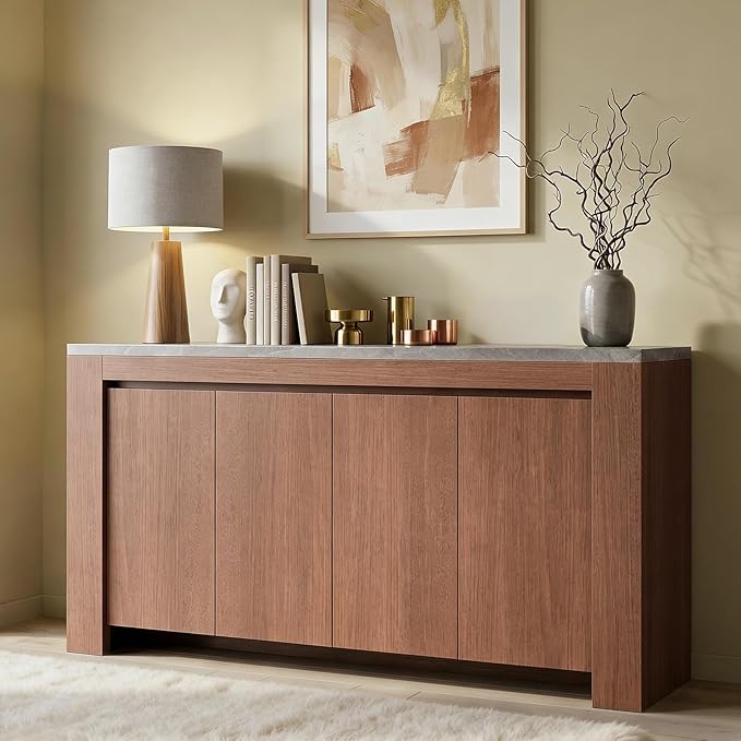 Buffet Cabinet with Storage, 63" Sideboard Buffet Accent Cabinet with Faux Marble Top & 4 Doors, Modern Buffet Table Credenza Cabinets for Living Room, Dining Room, Kitchen（Walnut）