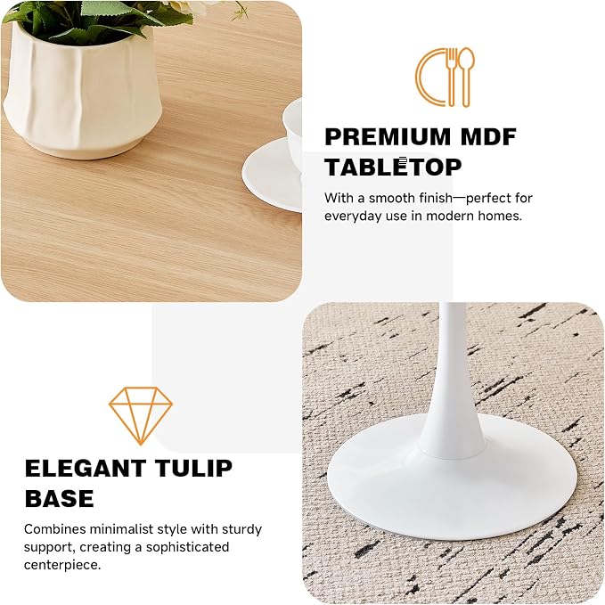 31.5" Round Dining Table for 2-4 Modern Circle Tulip Table with Metal White Tulip Pedestal Base for Kitchen Dining Living Room Apartment Small Space Cafe, Natural