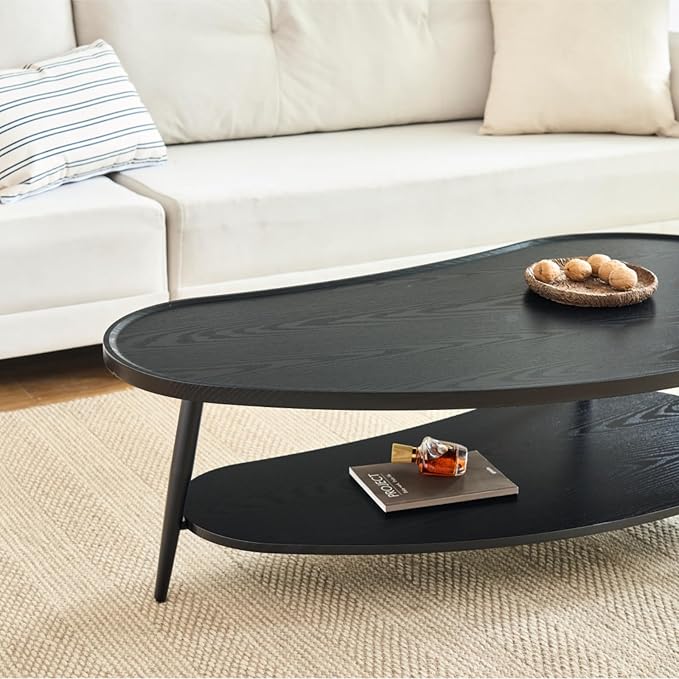 Saint Mossi Black Coffee Table for Living Room, Mid-Century Mango Shaped Wood Coffee Table, 2-Tier Center Table for Small Space, Black Board, D47xW23.6xH15