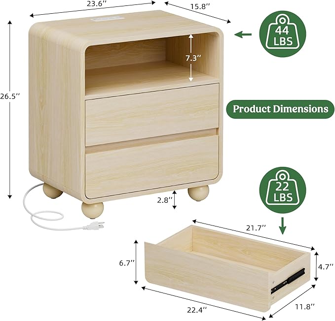 Lulive Wood Night Stand with Drawers, Modern Bedside End Table with Charging Station, Curved Profile Design Storage Nightstand for Bedroom, Natrual