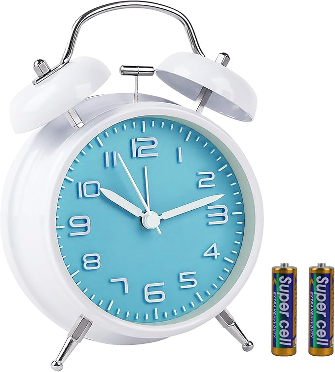 pxy Loud Alarm Clock for Heavy Sleepers 3D Dial Battery Operated (Battery Include), 4" Super Silent Analog Alarm Clock for Kids with Night Light PT260 Silver OrangePT505 White Blue
