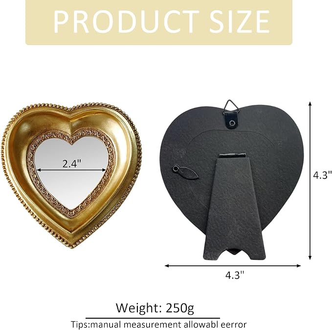 Golden Mini Vintage Mirror with Exquisite Relief Elegant Wall Decor for Bedroom Dresser Table Compact Resin Retro Design (Heart, 4.3X4.3)
