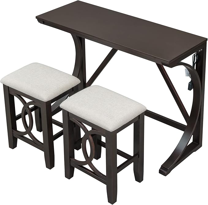 VilroCaz Farmhouse 3-Piece Counter Height Dining Table Set with USB Port and 2 Upholstered Stools, Rustic Dining Set Bar Set for Dining Room Kitchen (Espresso-R)