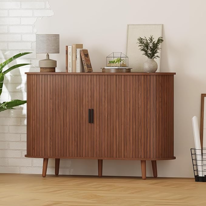 Fluted Sideboard Buffet Cabinet with Sliding Doors, Curved Edge Design for Dining Room Kitchen Living Room, 47" Console Table Credenza with Storage (Walnut)