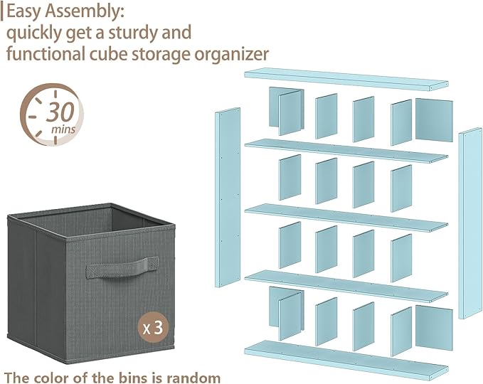 Bookshelf with Storage Bins, 20-Cube Storage Organizer Sturdy Wooden Bookcase Open Book Shelf, Multifunctional Cubicle Rack for Storage & Display, Furniture for Living Room, Office, Black