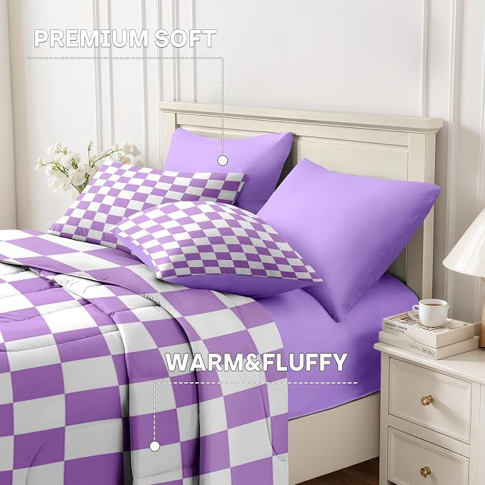 Nesker Comforter Set Twin Size, Purple Plaid Gingham 5 Pcs Bedding for Kids and Adults, Checkerboard Grid Bed Sheet Sets with Fitted Sheet Pillowcase & Sham