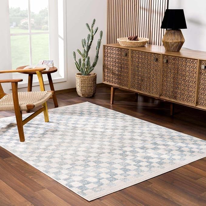 Hauteloom Logic Living Room, Bedroom Area Rug - Checkered Checkerboard Geometric Square - Contemporary Modern Minimalist Transitional Scandinavian - Cream, Silver Blue, Light, Blue, Gray - 2' x 3'