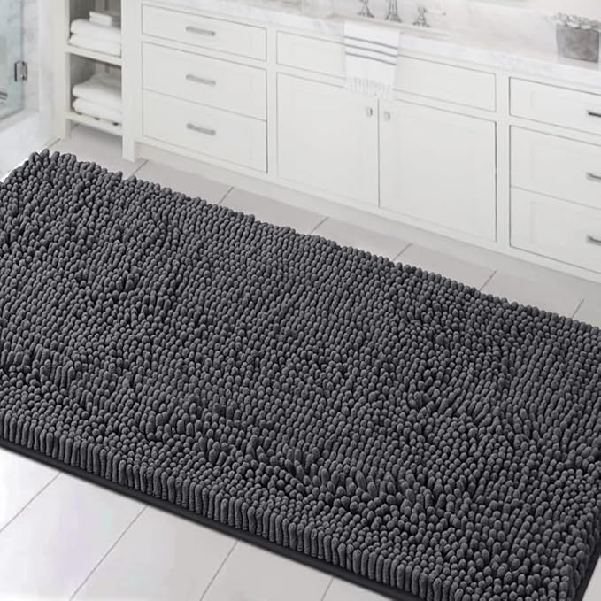 H.VERSAILTEX Bathroom Rugs for Bathroom Non Slip Luxury Chenille Runner Rug 24x47 Extra Soft and Absorbent Shaggy Rugs Washable Dry Fast Area Carpet Mats for Bath Room, Tub - Grey