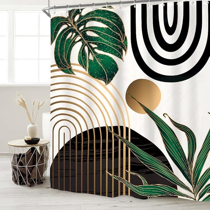 Miyotaa Abstract Emerald Green Shower Curtain Set 71Wx71H Inches Mid Century Modern Minimalist Tropical Leaves Geometric Contemporary Polyester Waterproof Bathroom Curtain with 12 Hooks