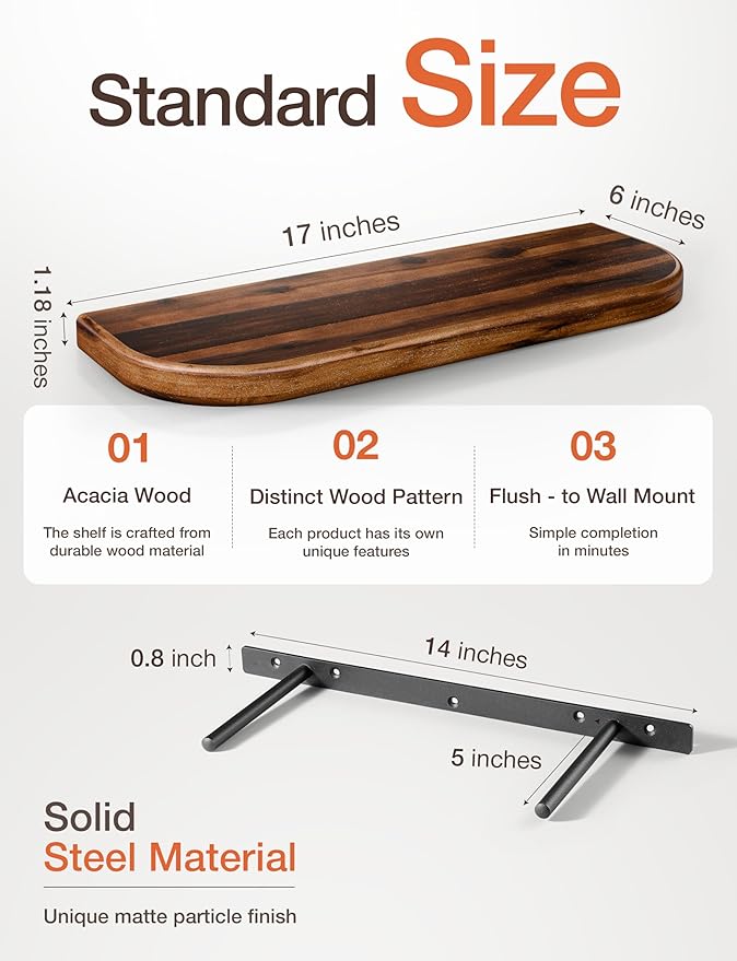 BATODA Set of 2 17" Acacia Wood Floating Shelves Wall Mounted (Round Edge) – Wooden Decorative Wall Bookshelf - Storage Shelf Organizer for Home - Black Brackets and Shelving Mounting Included(Walnut)