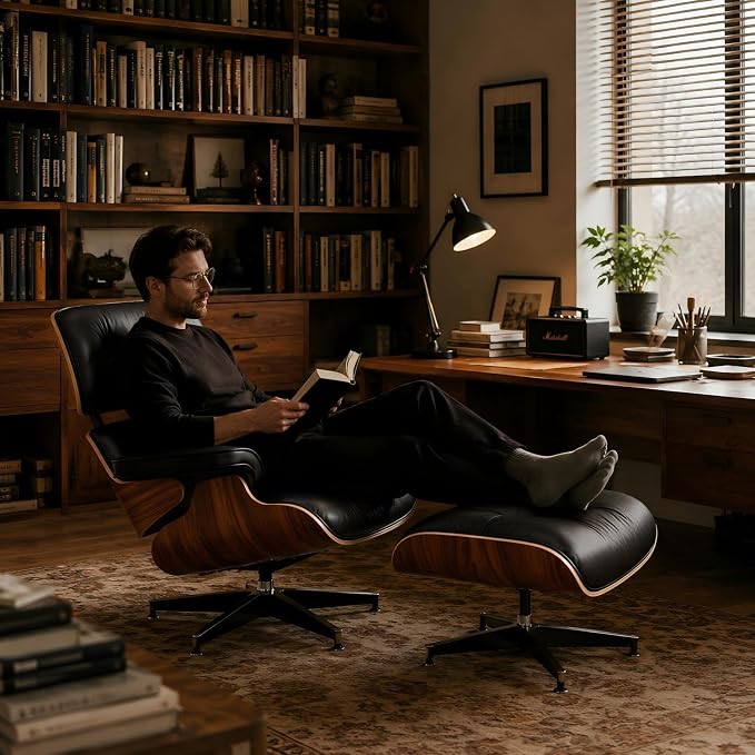 Top Black Grain Leather,Mid Century Chaise Lounge Chair and Ottoman, Reading Chair, Leather Accent Chair, Modern Chair, Classic Design, Heavy Duty Base Support for Living Room Lounge Office