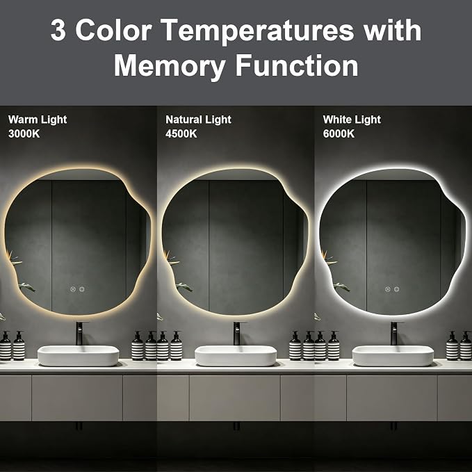 Asymmetrical Bathroom Mirror with Lights,Irregular LED Bathroom Vanity Mirror with Backlit,Anti-Fog,3 Colors and Dimmable Light with Memory,Hardwired Supported[Horizontal/Vertical] 36" H x 36" W