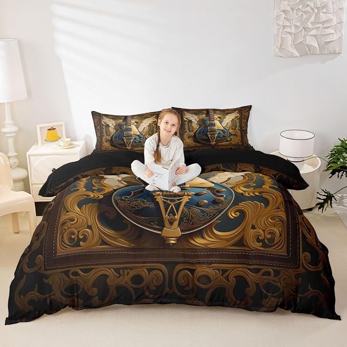 Erosebridal Guitar Bedding Set King for Men Adults - Retro Baroque Rock Style Duvet Cover Luxury Angel Wings Guitar Comforter Cover,Rock Roll Music Aesthetic Bed Set