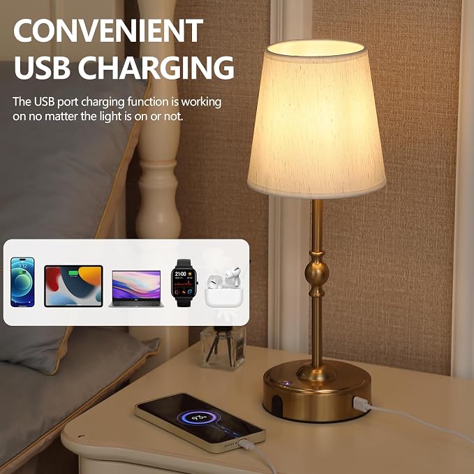 MEIXISUE Cordless Rechargeable LED Table Lamp with Dimmer,Nightstand Lamp with USB Port,Antique Brass Portables Outdoor Lamp, Battery Operated Lamp for Patio Bedroom Bedside Balcony Camping Bar RV