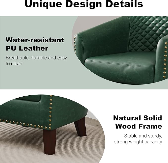 Accent Barrel Chair, Upholstered Faux Leather Club Chair with Nailed Trim, Comfy Reading Armchair for Living Room Bedroom Reception Room Office (Dark Green, Set of 2)