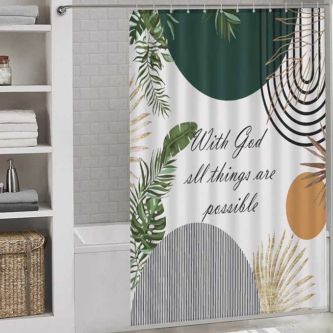 Boho Bible Verse Shower Curtain Abstract Christian Quotes Mid Century Gold Leaves Minimalist Arch Scriptures Washable Waterproof Fabric for Bathroom Decor Bathtub with 12 Hooks 55x72in（140x183cm）