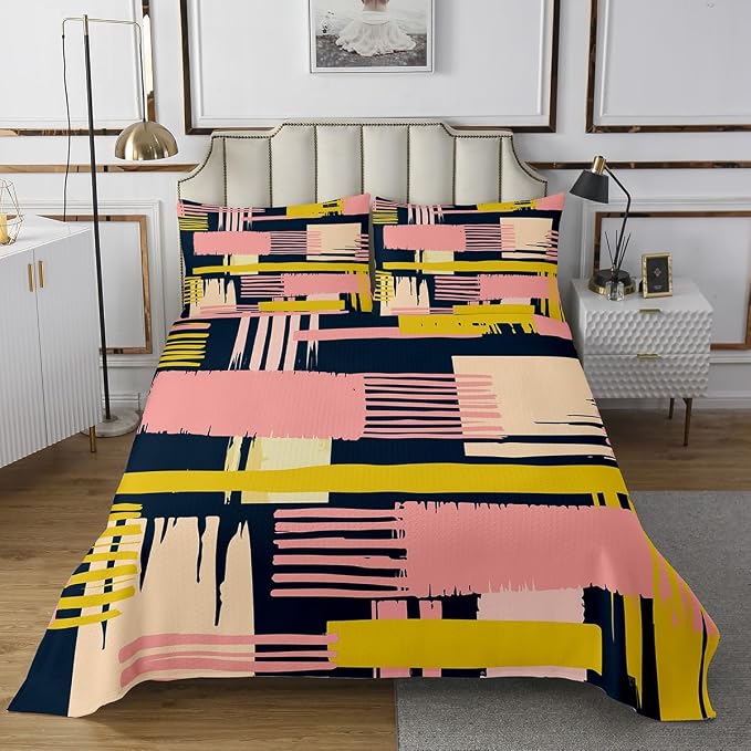 Erosebridal Vintage Mid Century Queen Quilt Set Retro Minimalism Coverlet Set Hippie Watercolor Bedding Set Pink Beige Navy Ombre Bedspread Set, Geometric Stripe Patchwork Bed Quilt Abstract Decor