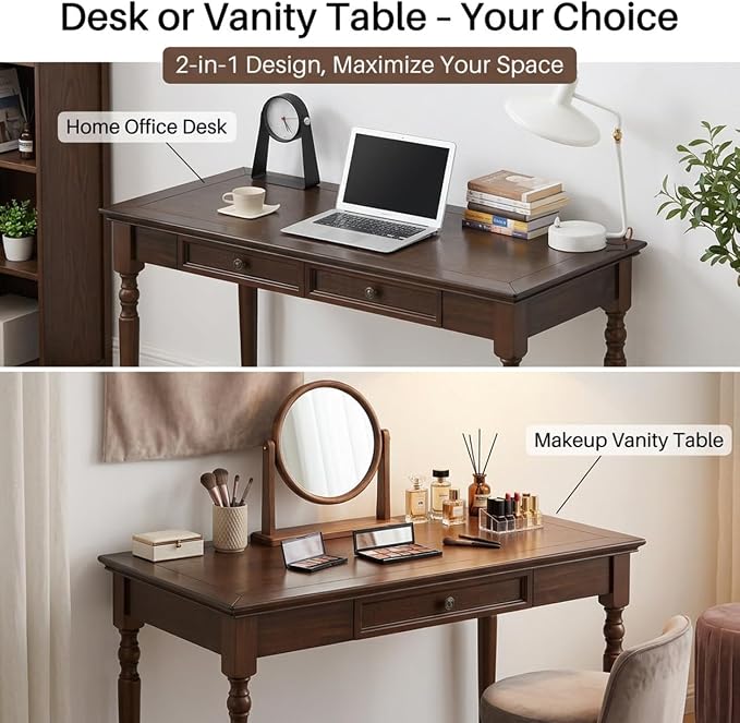 Solid Wood Desk with Drawers, Walnut Writing Desks, Small Computer Desk for Small Spaces, Gaming Study Home Office Desks for Work, Student PC Desk for Bedroom, Escritorios para Cuartos