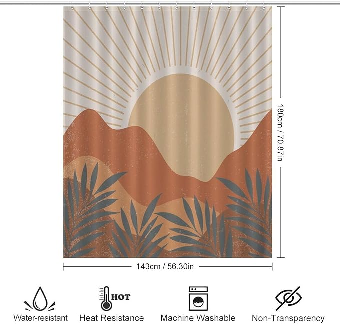 Mid Century Boho Sunset Shower Curtains Vintage Farmhouse Abstract Plant Mountain Sunset Washable Waterproof Fabric for Bathroom Decor Bathtub with 12 Hooks 55x72in（140x183cm）