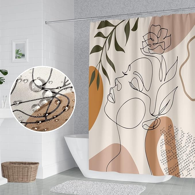 Abstract Woman Face Bathroom Shower Curtain - Mid Century Boho Modern Geometric With Hooks, Polyester Waterproof Fabric, Minimalist Art Line Aesthetic, 72x96 Inch