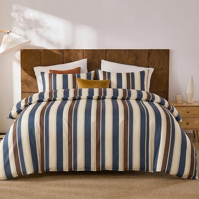 Merryword 100% Cotton Duvet Cover Set Queen Size - Vintage Blue Cabana Striped Bedding Set with Zipper & Corner Ties, 3-Piece Luxury & Silky Soft Bedding Set for All Seasons