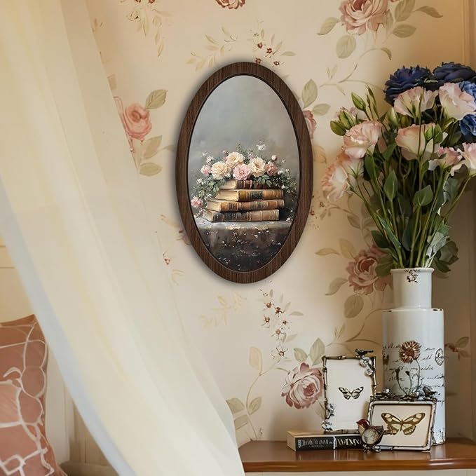UYIKG Vintage Floral Wall Art Oval Framed,Farmhouse Oval Wooden Wall Decor,Oil Painting Art Wooden Framed Decor for Theme Room Home Bedroom Living Room Reading Room 9x14.6 in