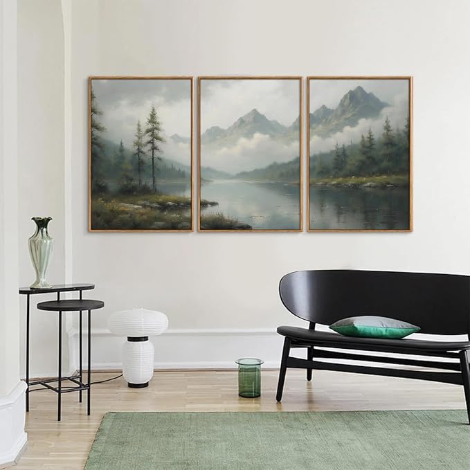 SIGNINART Large Green Forest Framed Canvas Wall Art Set, Misty Mountain Lake Wall Decor, Modern Foggy Wood Landscape Artwork, Nature Oil Painting Art Print for Living Room, Bedroom, Office 16"x24"x3