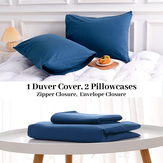 NEXHOME PRO Duvet Cover Set 100% Washed Cotton Full Size Linen Feel Textured Organic Natural 3 Pieces Bedding Set with Zipper Closure and Corner Ties, Breathable and Soft (Blue, No Comforter)