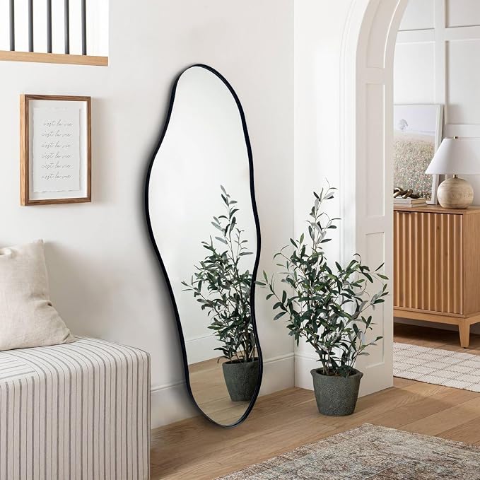 Large Irregular Wall Mirror, 55"x22" Asymmetrical Decorative Mirror with Black Metal Frame, Organic Shaped Mirrors for Entryway Bedroom Hallway Living Room, Horizontal/Vertical Hanging