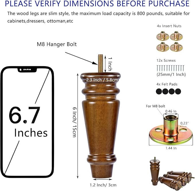 Maricome Wood Furniture Legs 6 inch Replacement Feet Set of 4 Pre-drilled M8 Bolt Ottoman Chair Cabinet Dresser Wooden Legs Mid Century Screw in