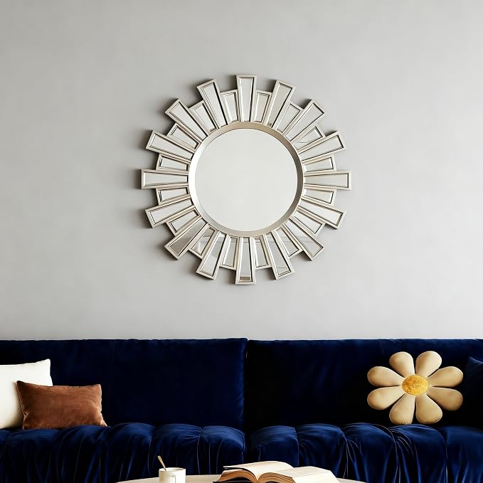 Round Sunburst Decor Mirror - 24" Silver Wall Art Mirror with Metal Frame, Starburst Wall Decorative for Entryway, Bedroom, Fireplace, Living Room