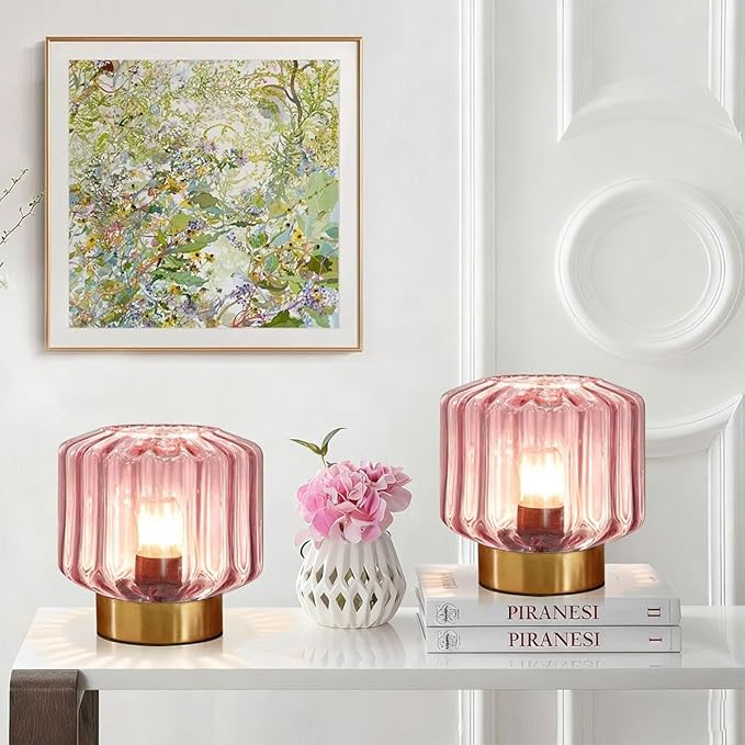 Small Touch Table Lamp for Bedside, Pink Glass Table Lamps with Gold Metal Base, Mid Century Modern Lamps Mini Table Lamp nightstand lamp Globe Desk lamp for Bedroom Living Room Office