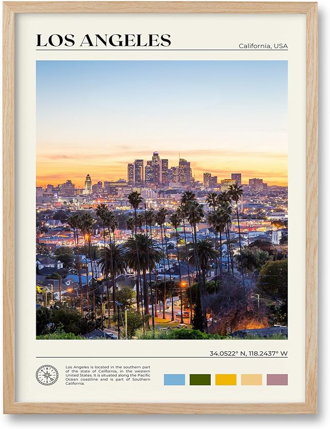 HesenDot Natural OAK Wood Los Angeles Cityscape Framed Wall Art,12x16in City Skyline Canvas Wall Print,Modern Urban Landmark Wall Decor for Living Room,Bedroom,Office Gallery Gifts Set of 1