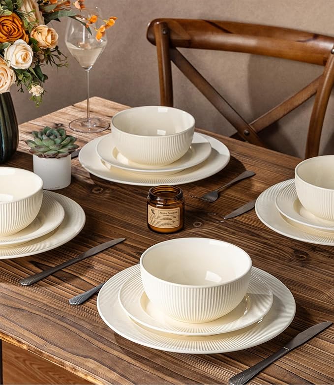 TheTerra Stoneware Dinnerware Sets for 6, 18 Pieces Ceramic Plates and Bowls Sets, Scratch Resistant Embossed Dish Set, Oven, Microwave & Dishwasher Safe, Beige