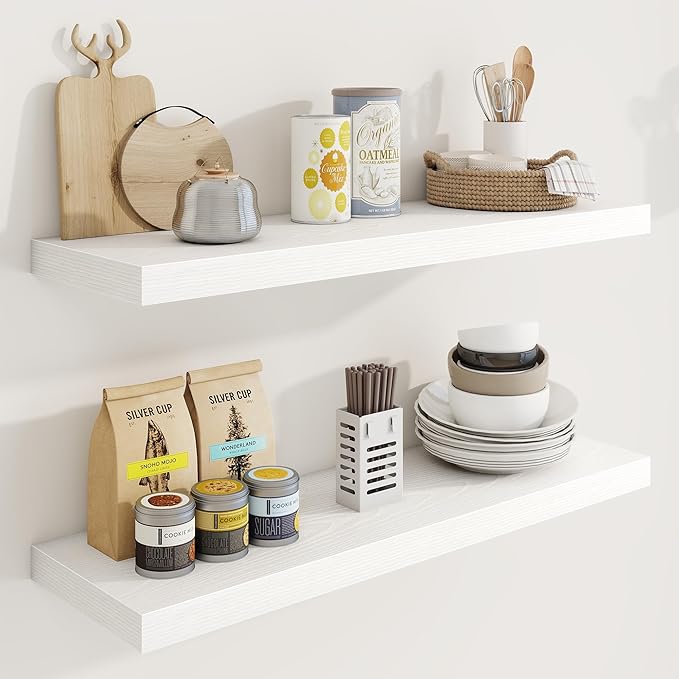 32in Floating Shelves for Wall, 32"W x 9.25"D x 1.25"H, 2 Pack Long Wall Mounted Engineered Wood Shelves with Invisible Brackets for Living Room, Bedroom, Bathroom, Kitchen Decor and Storage, White
