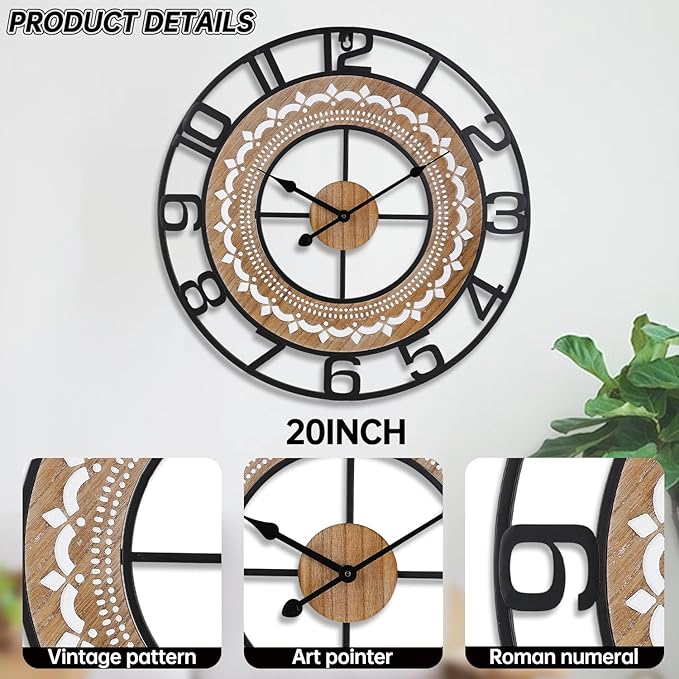 Wall Clocks for Living Room, Bohemian Pattern Clock Silent,Non Ticking,Battery Operated Oversized Vintage Round Modern Clock for Bedroom,Farmhouse,Office Wall Decor-20 Inch
