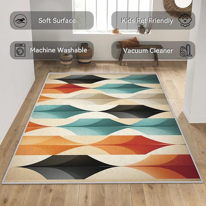Mid Century Modern Area Rug 8x8, Washable Non Slip Low Pile Abstract Geometric Carpet for Living Room Bedroom Dining Room, Contemporary Retro Accent Rug, Ivory Teal Orange Black
