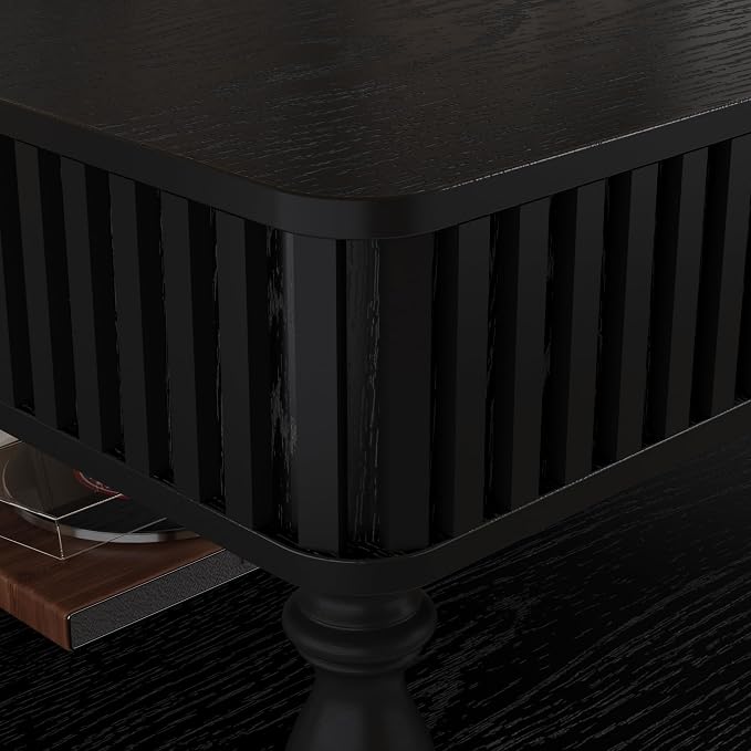31.5 Inch Square Lift Top Coffee Table with Hidden Storage, 2 Tier Wooden Square Fluted Coffee Table with Open Shelf & Sculpted Legs, Retro Center Table for Living Room, Apartment, Home Office, Black