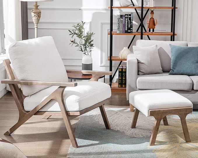 HNY Mid Century Modern Accent Chair with Ottoman, Farmhouse Linen Upholstered Living Room Armchair and Ottoman Set, 23" Seat Wide Retro Leisure Lounge Chair with Wood Frame for Home, Bedroom, White