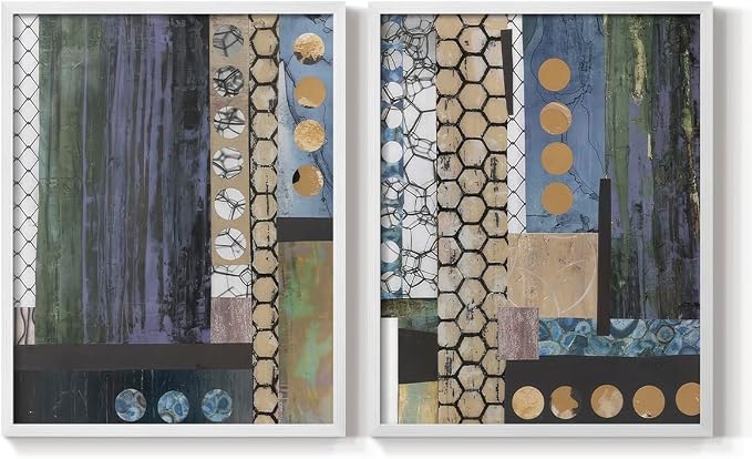 Renditions Gallery Set of 2 Peel & Stick Framed Prints, Geometric Abstract Wall Art, Hexagonal and Circular Pattern Wall Decor, Re-Stickable - Ready to Hang - 11"x14" - White Frame LT588