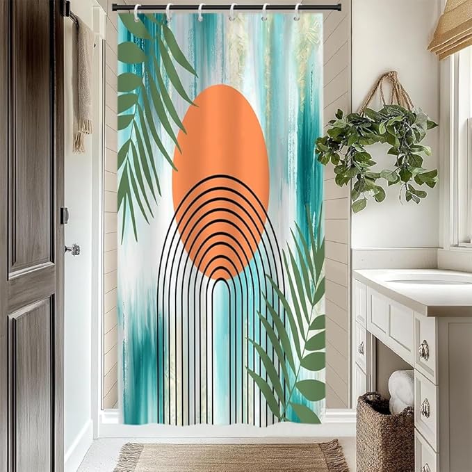 Modern Boho Teal Shower Curtain for Bathroom Abstract Minimalist Bathroom Decor Set Green Leaves Arch Orange Sun Bathtub Curtains Machine Washable Waterproof Polyester Fabric with Hooks 48x72 Inch