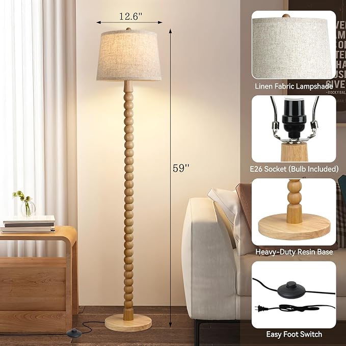 Real Wood Floor Lamp for Living Room,Real Wood Standing Lamp with 3 Color Changing Bulb Included, Tall Lamp with Linen Shade,Farmhouse Floor Lamp for Living Room,Bedroom,Corner,Dining Room and Office