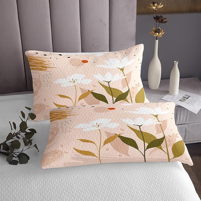Erosebridal Boho Minimalist Bedspread King Size Hippie Abstract Art Quilt Set, Botanical Plants Coverlet Set White Flower Floral Bedding Set Modern Mid Century Bed Cover Girly Pink Room Decor