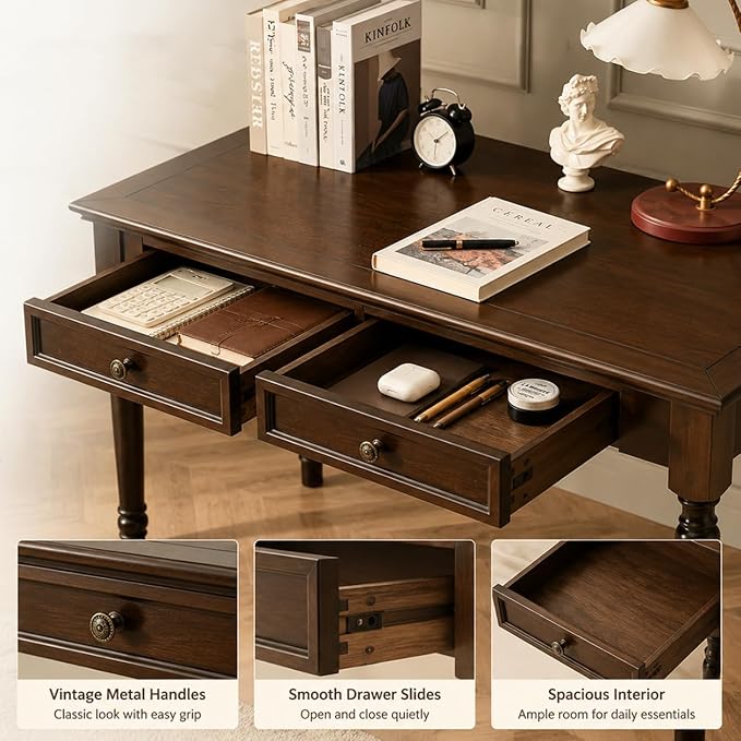 Solid Wood Desk with Drawers, Walnut Writing Desks, Small Computer Desk for Small Spaces, Gaming Study Home Office Desks for Work, Student PC Desk for Bedroom, Escritorios para Cuartos