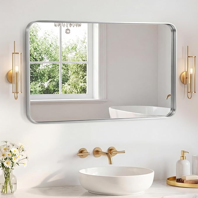 NEWBULIG 32X48 Inch Bathroom Mirror for Over Sink, Wall Vanity Mirrors Tempered Glass, Anti-Rust Metal Framed Rounded Rectangle, Hangs Horizontally or Vertically, Farmhouse Home Decor, Silvery